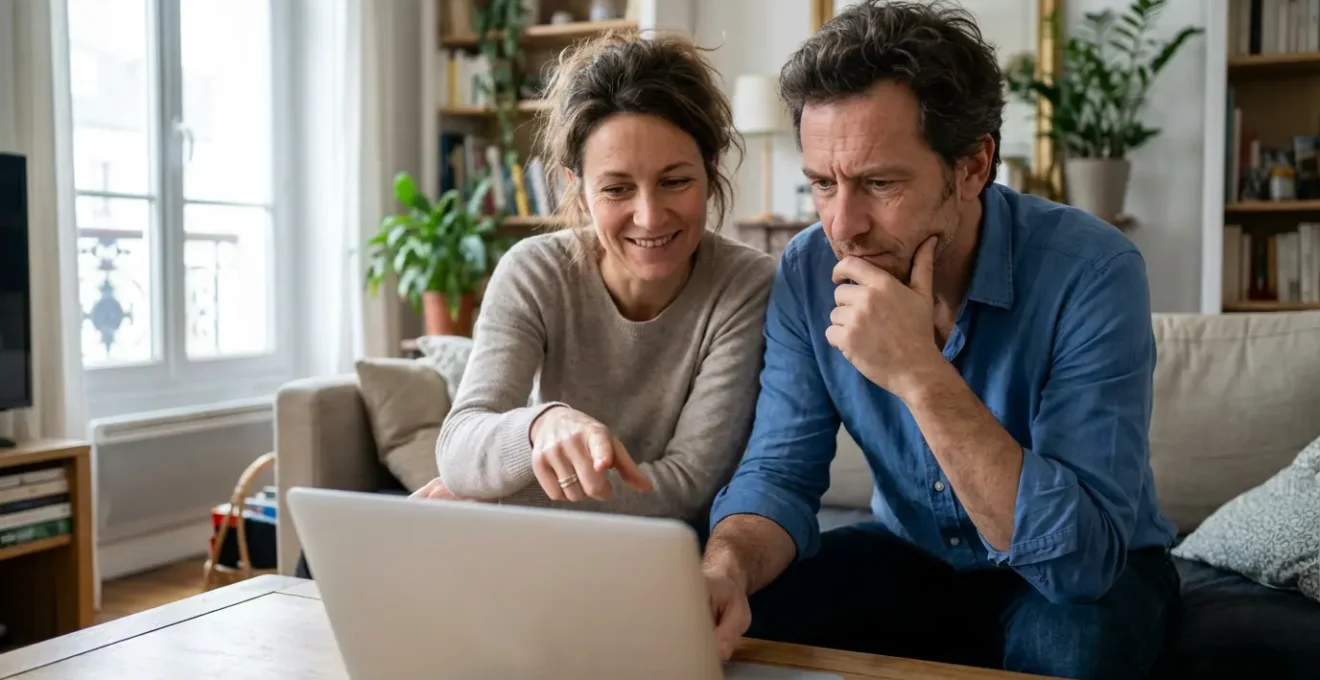 Couple français consultant une estimation immobilière en ligne sur ordinateur portable