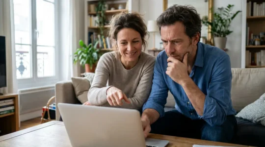 Couple français consultant une estimation immobilière en ligne sur ordinateur portable