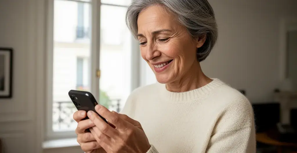 Femme française consultant le résultat d'une estimation immobilière sur smartphone