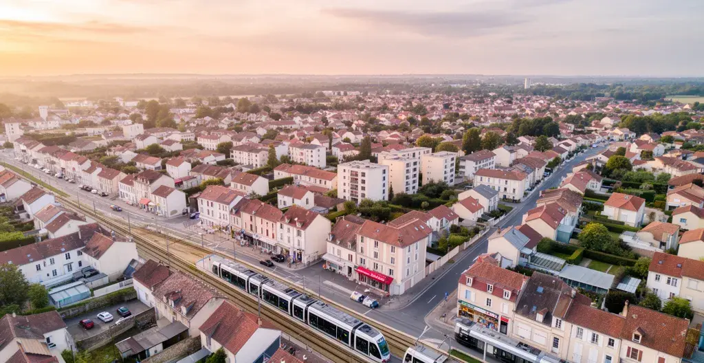 Vue aérienne d'un quartier résidentiel français avec transports et commerces visibles