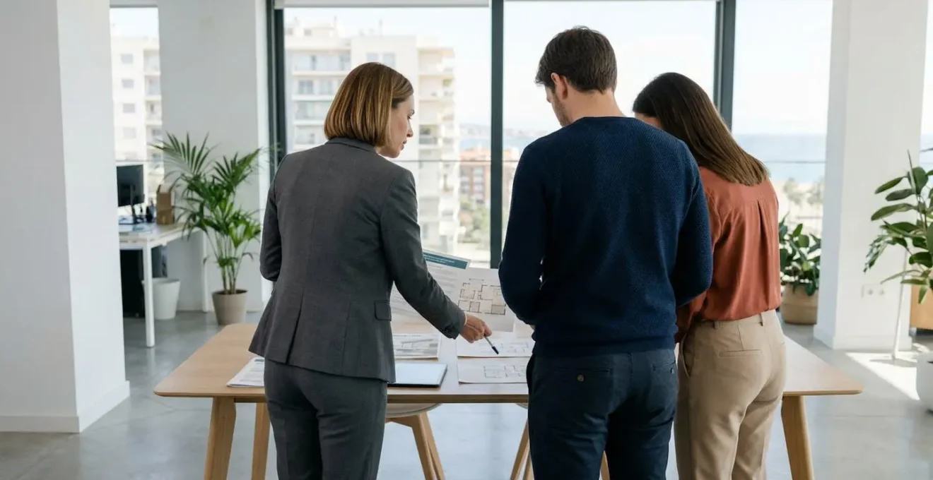 Agent immobilier vu de dos présentant des documents à un couple également photographié de dos dans un bureau moderne lumineux