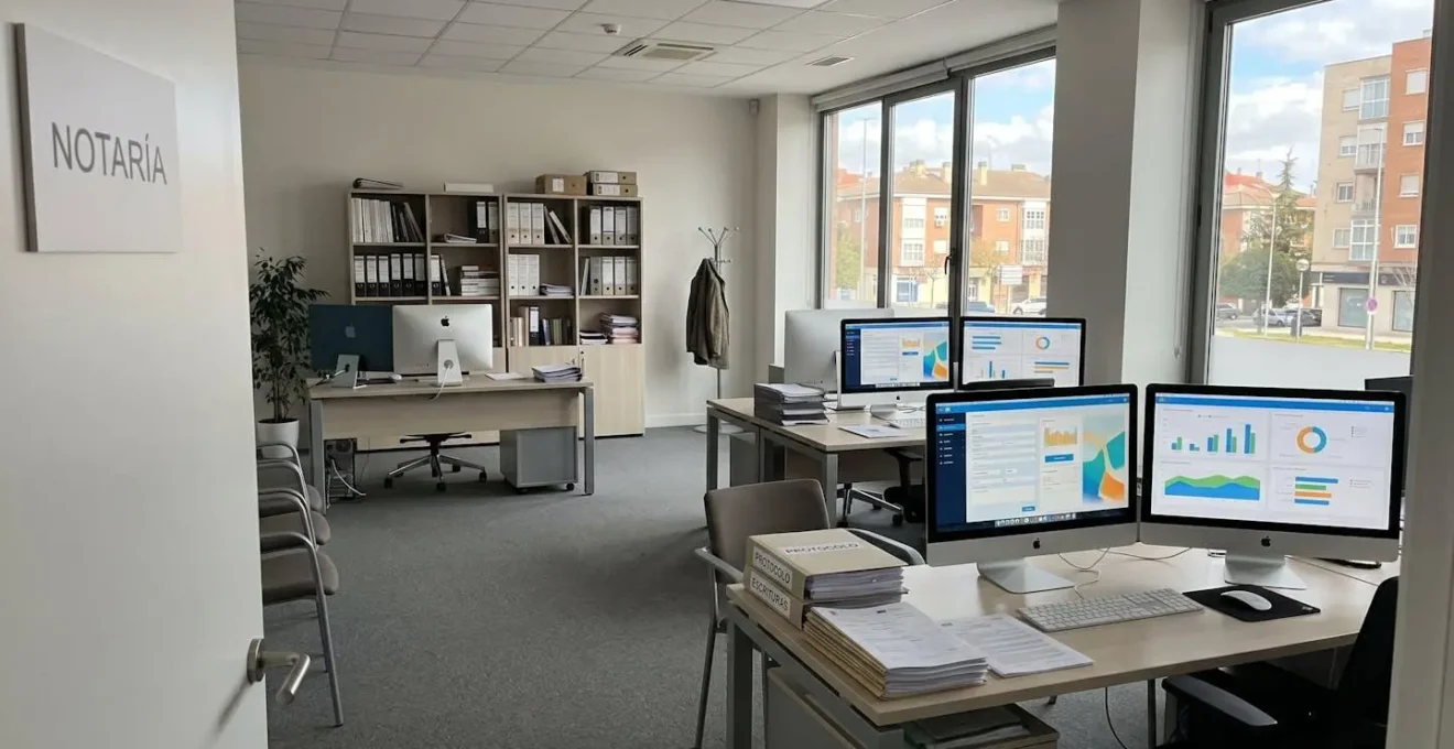 Vue grand angle d'un bureau de notaire espagnol moderne et lumineux en Catalogne, avec de grandes fenêtres laissant entrer la lumière naturelle, des étagères de dossiers juridiques bien organisées et un bureau vide au premier plan