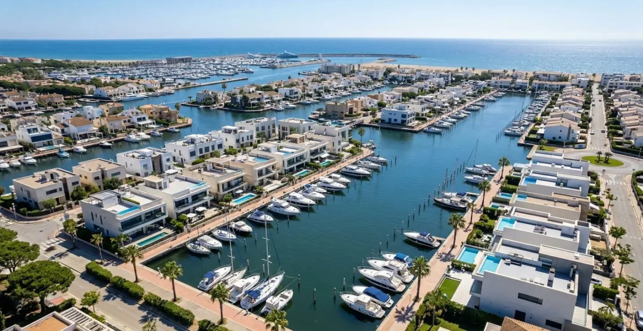 Vue aérienne des canaux d'Empuriabrava avec des villas contemporaines bordant les voies navigables et des bateaux amarrés sous un ciel méditerranéen ensoleillé