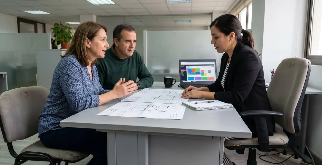 Un couple d'âge mûr en discussion avec un agent immobilier dans un bureau lumineux moderne, examinant des plans de villa étalés sur une table
