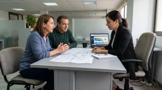 Un couple d'âge mûr en discussion avec un agent immobilier dans un bureau lumineux moderne, examinant des plans de villa étalés sur une table