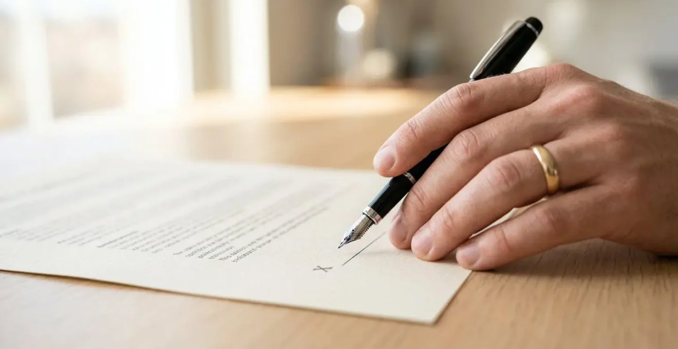 Gros plan sur une main posée sur un document contractuel avec un stylo prêt à signer, le texte du contrat étant complètement flouté