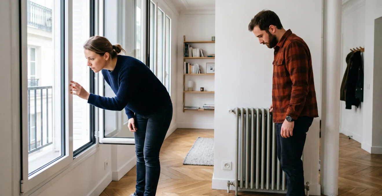 Couple inspectant attentivement les fenêtres et radiateurs lors d'une visite d'appartement en France