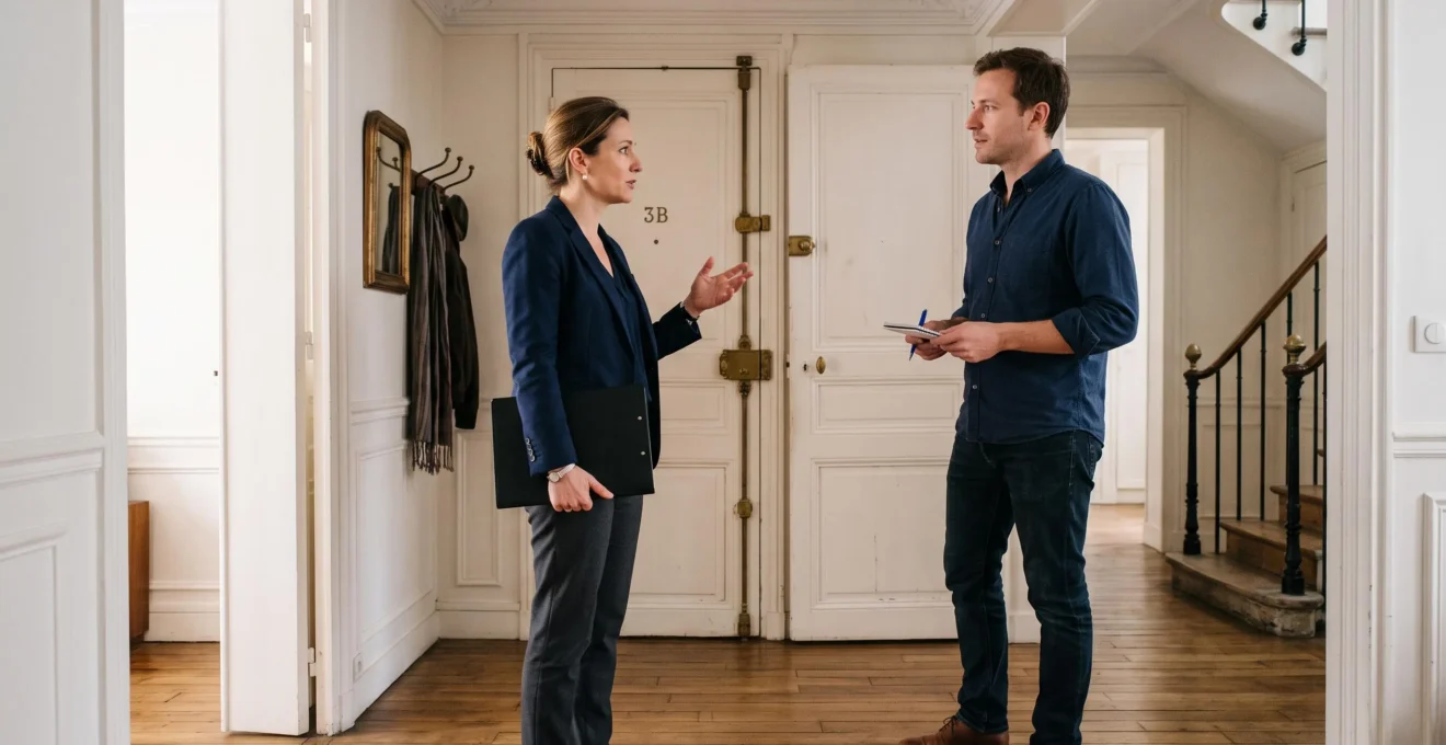 Acheteur en discussion avec une agent immobilière lors d'une visite d'appartement pour obtenir des informations complémentaires