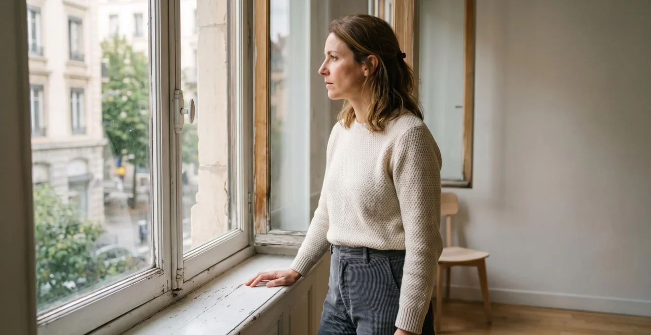Acheteuse observant la luminosité naturelle et la vue depuis la fenêtre d'un appartement lors d'une visite